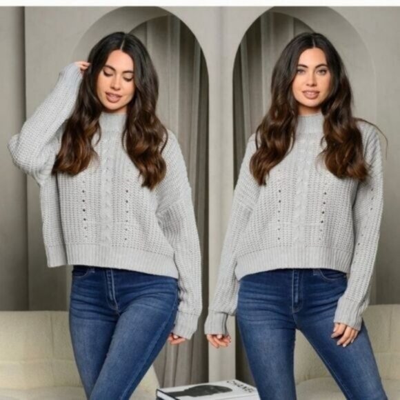 Light Grey Long Sleeve Mock Neck Trendy Knit Sweater-NEW-SIZE: LARGE - Picture 2 of 6